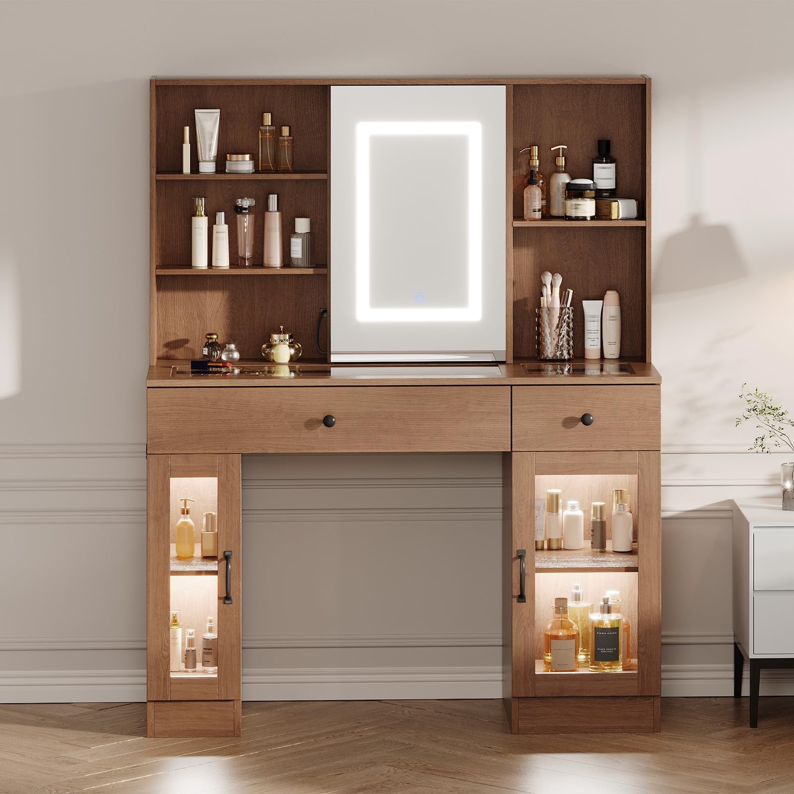Toeletta Garvee con specchio LED, prese e spazio di archiviazione per la camera da letto, color legno, illuminazione a 3 colori, 2 cassetti e 2 armadietti
