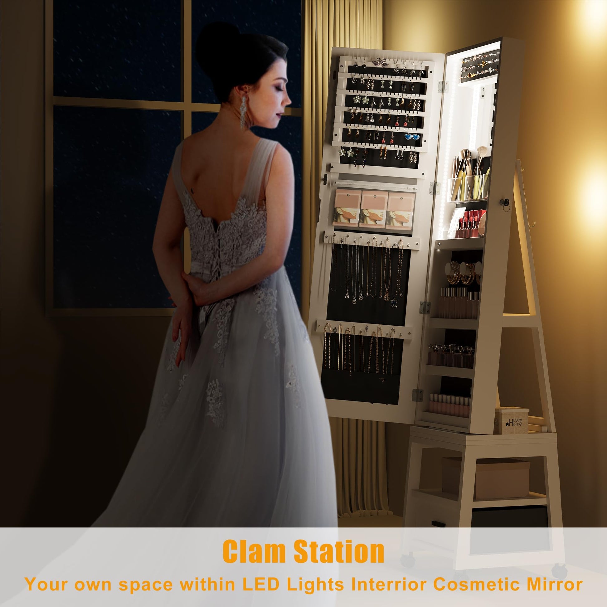 Mobiletto portagioie girevole a 360° Garvee con luci a LED, specchio per il trucco, specchio intero, rivestimento in velluto, bloccabile, con ruote, bianco - Ideale per camere da letto