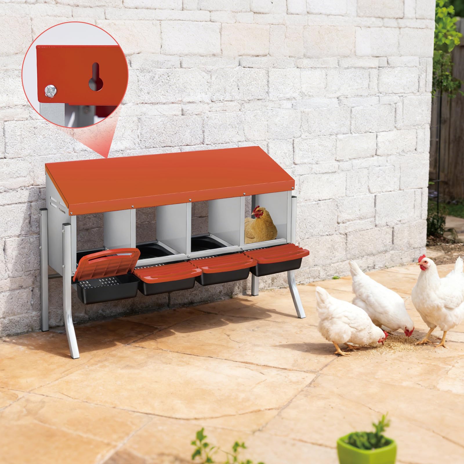 Nido per polli Garvee a 3 fori, in metallo, antiruggine, con vassoio rimovibile per cortile e fattoria, comodo e facile da pulire