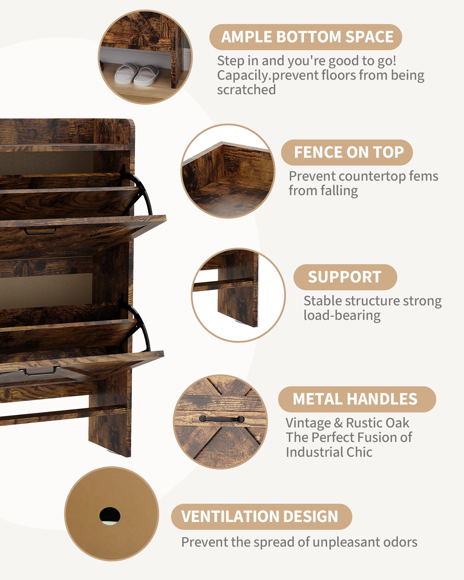 Garvee Scarpiera con 2 cassetti pieghevoli, scarpiera rustica marrone in stile fattoria per corridoio e ingresso, salvaspazio