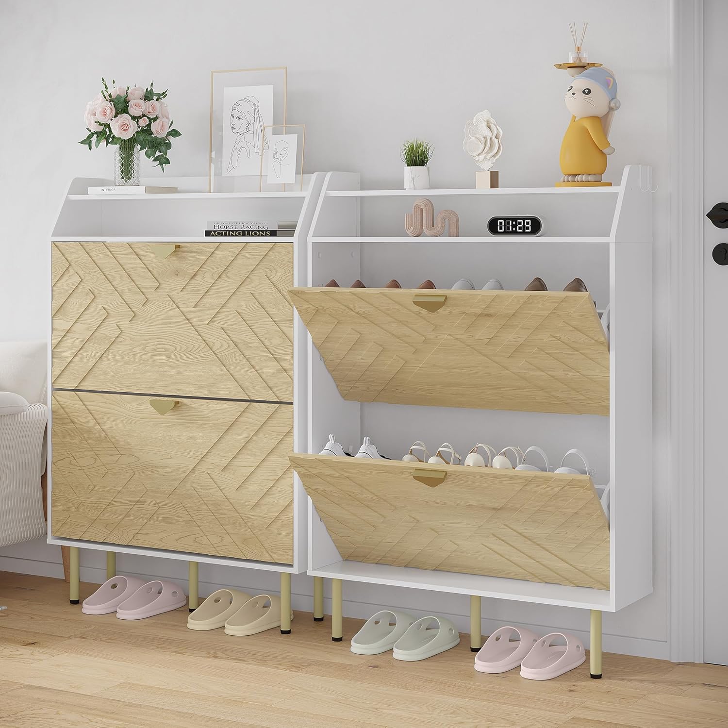 Scarpiera Garvee con 2 cassetti a scomparsa, organizer per scarpe stretto per corridoio e ingresso, legno bianco, indipendente, robusto, salvaspazio