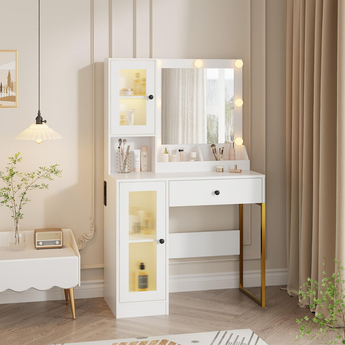 Tavolo da toeletta Garvee con illuminazione a LED, 3 modalità colore, cassetti grandi, stazione di ricarica USB per camera da letto, bianco, moderno