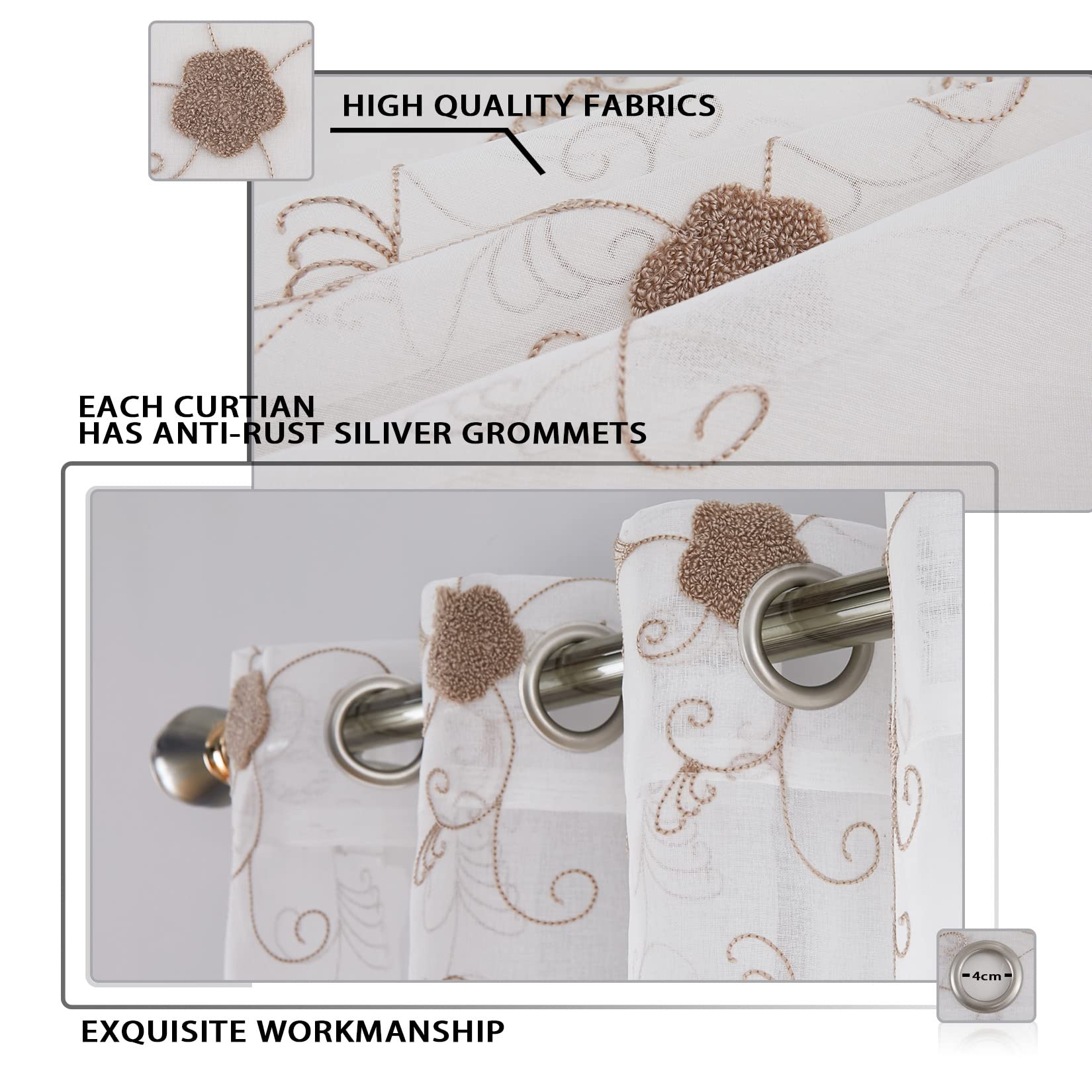 Tende in voile GARVEE con motivo floreale, semitrasparenti, in poliestere leggero, marrone, 140x245 cm, per cucina e bagno