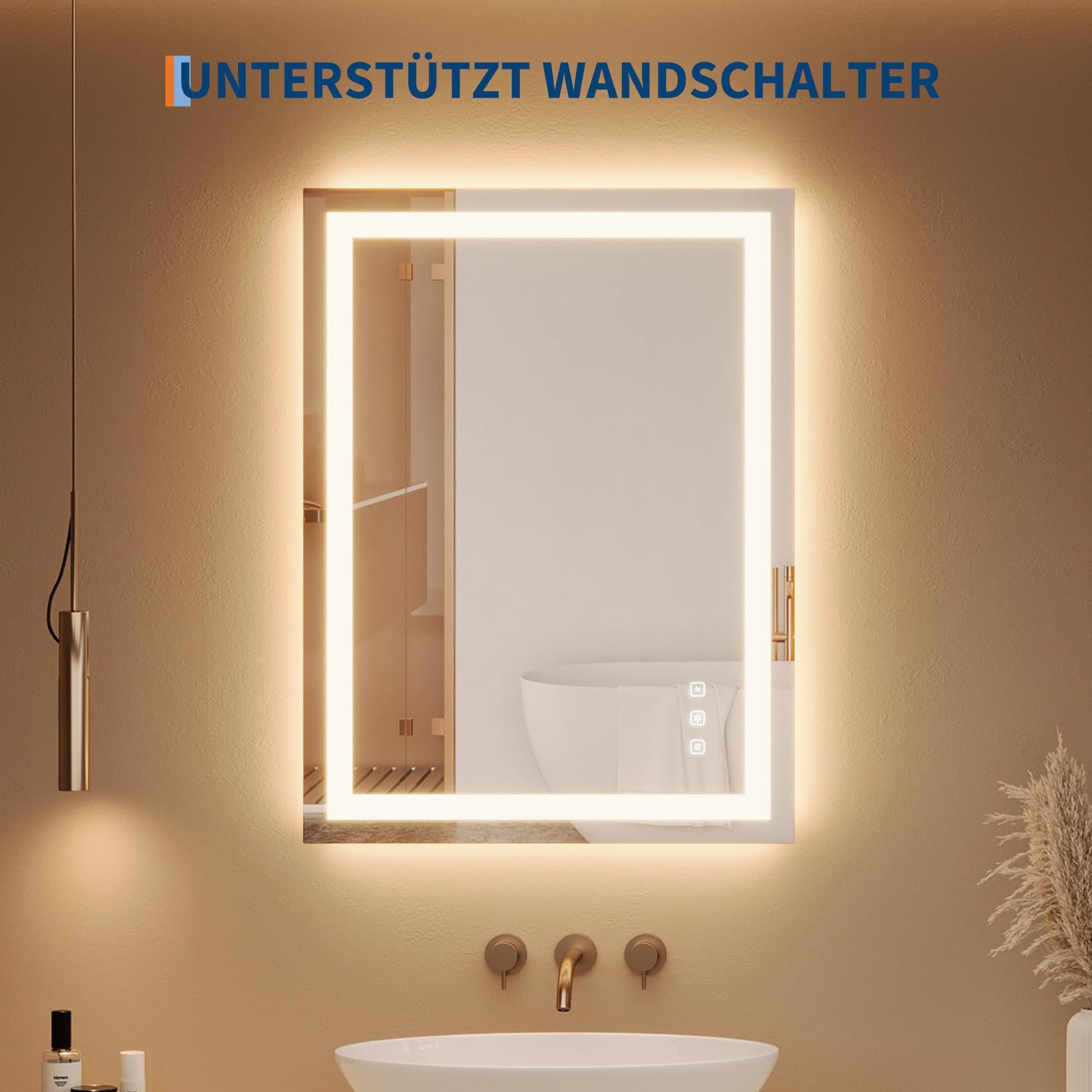 Specchio da bagno Garvee con luce 50x70 cm, antiappannamento, 3 colori di luce, dimmerabile, specchio da bagno a LED con interruttore touch