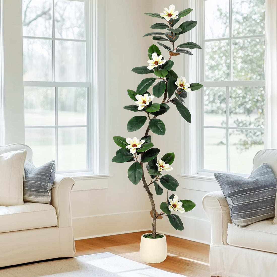 Albero di gomma artificiale Garvee da 6 piedi con fiori di magnolia, fioriera bianca, decorazione per interni, ufficio e soggiorno