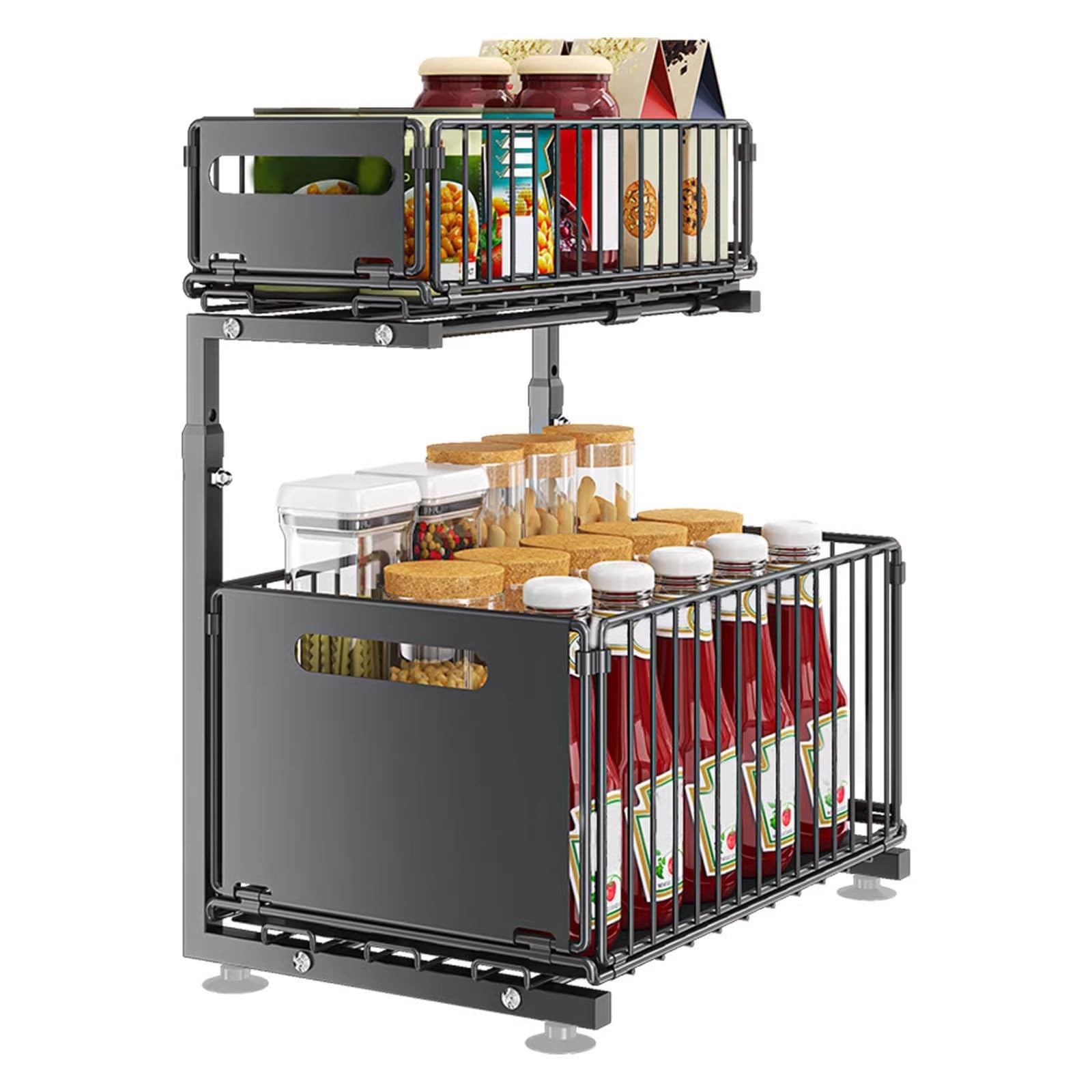 Organizzatore sottolavello Garvee con sistema di ripiani scorrevoli a 2 livelli, altezza regolabile, struttura in acciaio, antiscivolo, nero per cucina e bagno, 26,7 cm di larghezza x 37,2 cm di profondità x 41,9 cm-48,9 cm di altezza