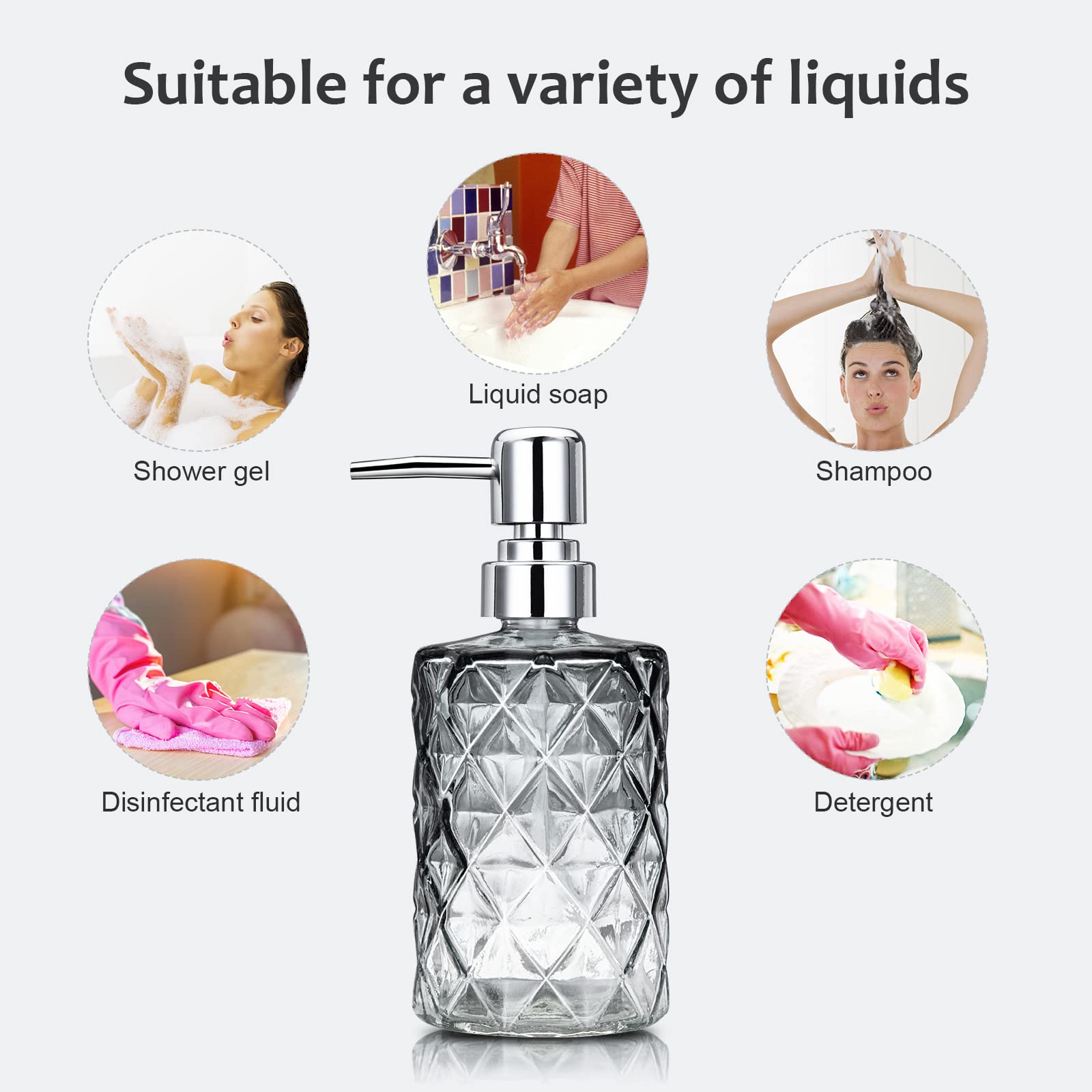 Garvee Set di 2 dispenser di sapone in vetro da 12 once con design a diamante, pompa in acciaio inossidabile, nero trasparente, per bagno e cucina