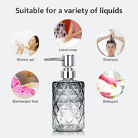 Garvee Set di 2 dispenser di sapone in vetro da 12 once con design a diamante, pompa in acciaio inossidabile, nero trasparente, per bagno e cucina