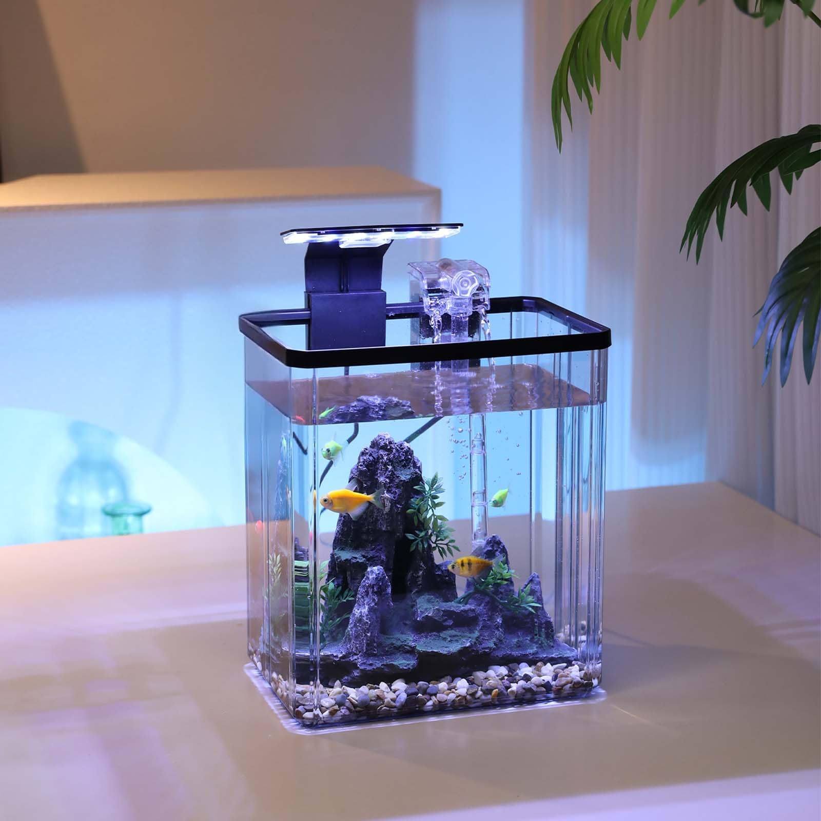 Kit per acquario piccolo Garvee da 2,6 galloni per pesci Betta con luce LED, generatore di ossigeno, acrilico, filtro silenzioso per ufficio e casa, trasparente