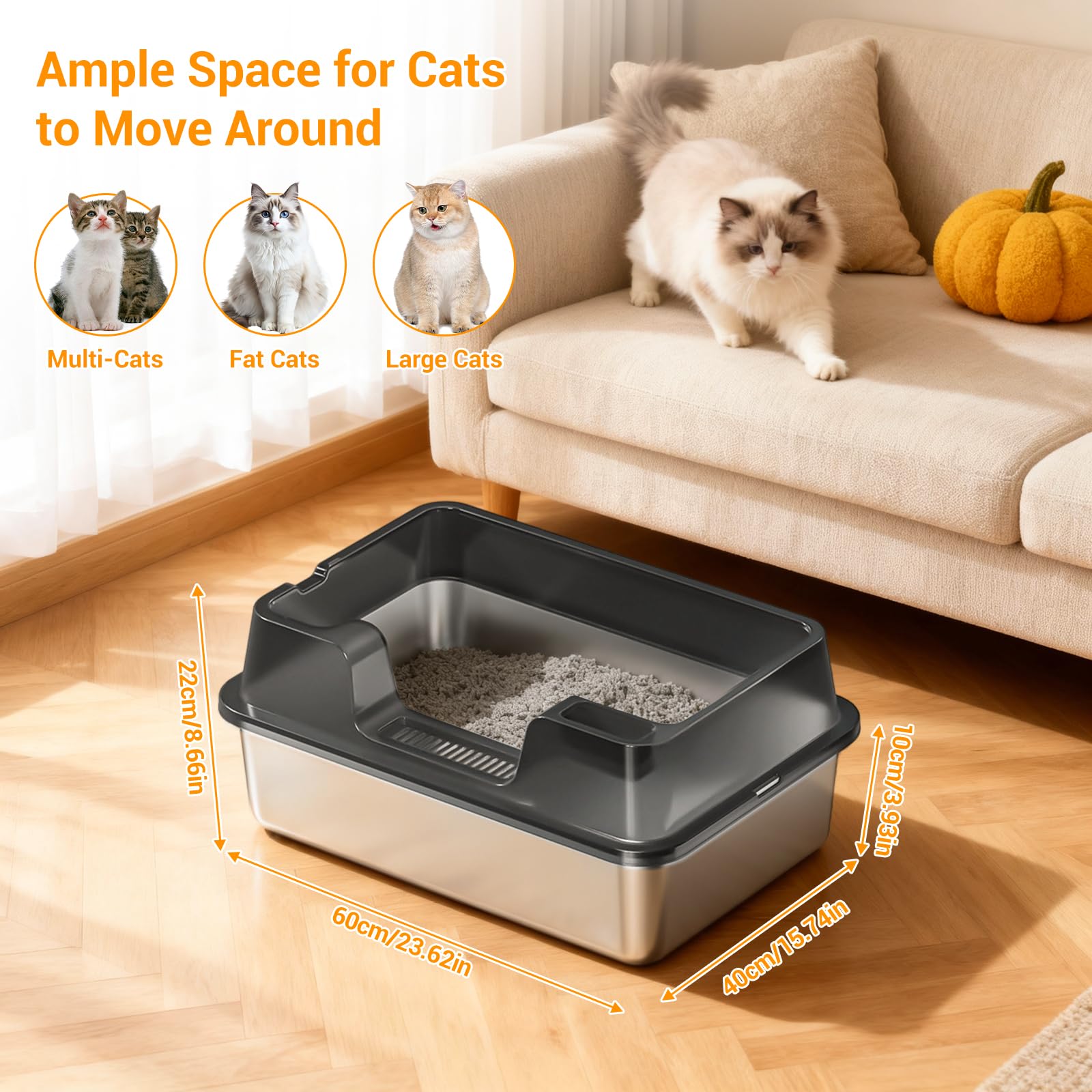 Lettiera per gatti Garvee in acciaio inox di grandi dimensioni, 34 l, semi-chiusa, con tappetino antiscivolo, per famiglie con più gatti, 60 x 40 x 22 cm, nera