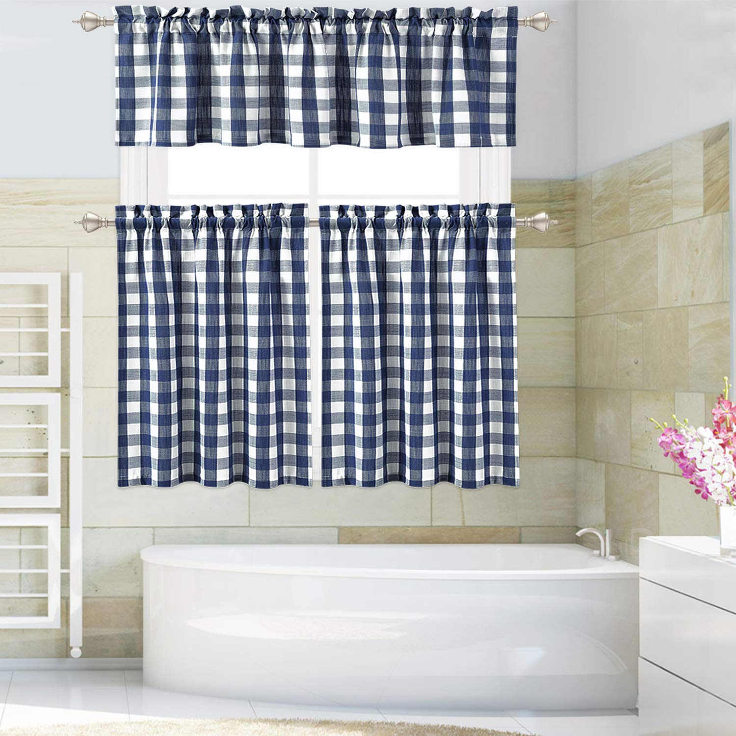 Tende corte Garvee per finestre di bar con motivo a quadri Gingham, filtranti per la luce, facili da pulire, 56"x15", poliestere, per cucina e camera da letto