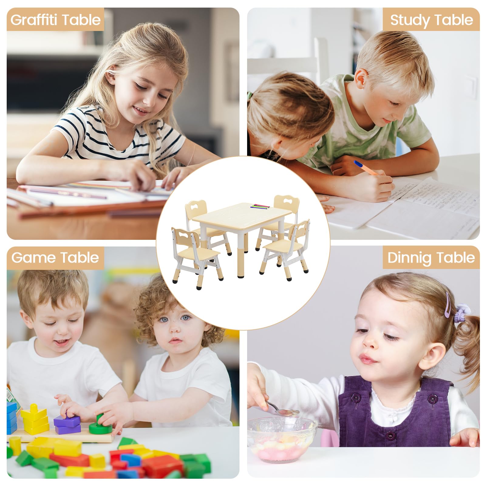 Garvee Tavolo Bambini con 4 Sedie Regolabile Altezza, Piano Scrivibile, Piedi Antiscivolo, Legno Rovere, Casa e Scuola, Multicolore
