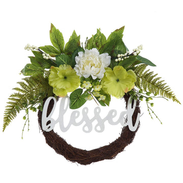 Ghirlanda per porta Garvee primavera estate da 24 pollici, verde ortensia, segno benedetto, artificiale, fatta a mano, resistente alle intemperie per porta d'ingresso e uso interno