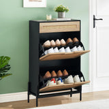 Scarpiera in rattan Garvee con 2 scomparti a ribalta e 1 cassetto per corridoio e soggiorno, 24x9,4x40,3 pollici, colore naturale - 2 immagini Nero+Nero+Quercia