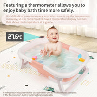GARVEE Vasca da bagno per neonati, pieghevole, salvaspazio, con termometro e tappetino antiscivolo per neonati e bambini piccoli, rosa