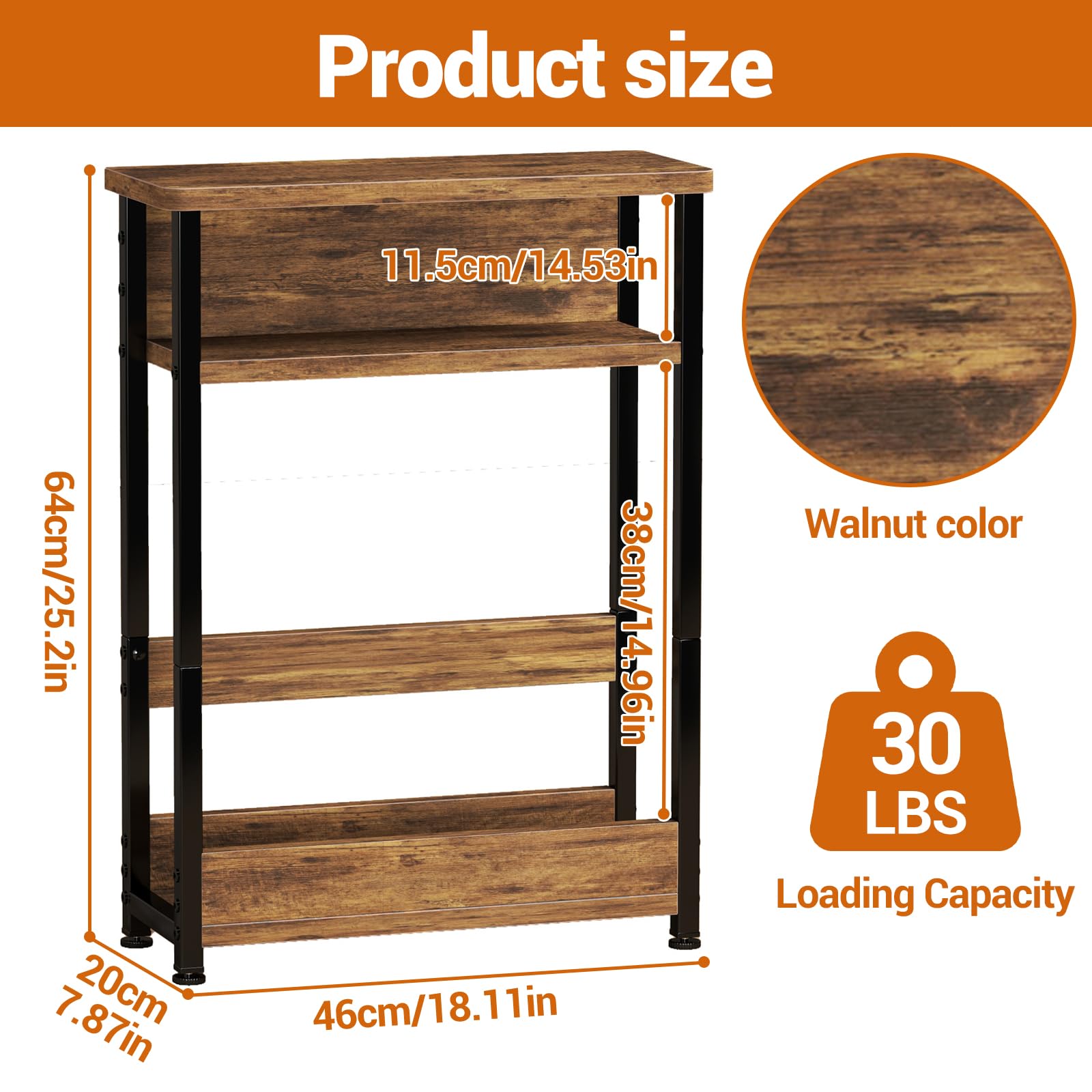 Tavolino laterale stretto Garvee, 3 ripiani con portariviste, in legno MDF, robusto e salvaspazio, marrone, per soggiorno e camera da letto, 18,11x7,87x25,2 pollici