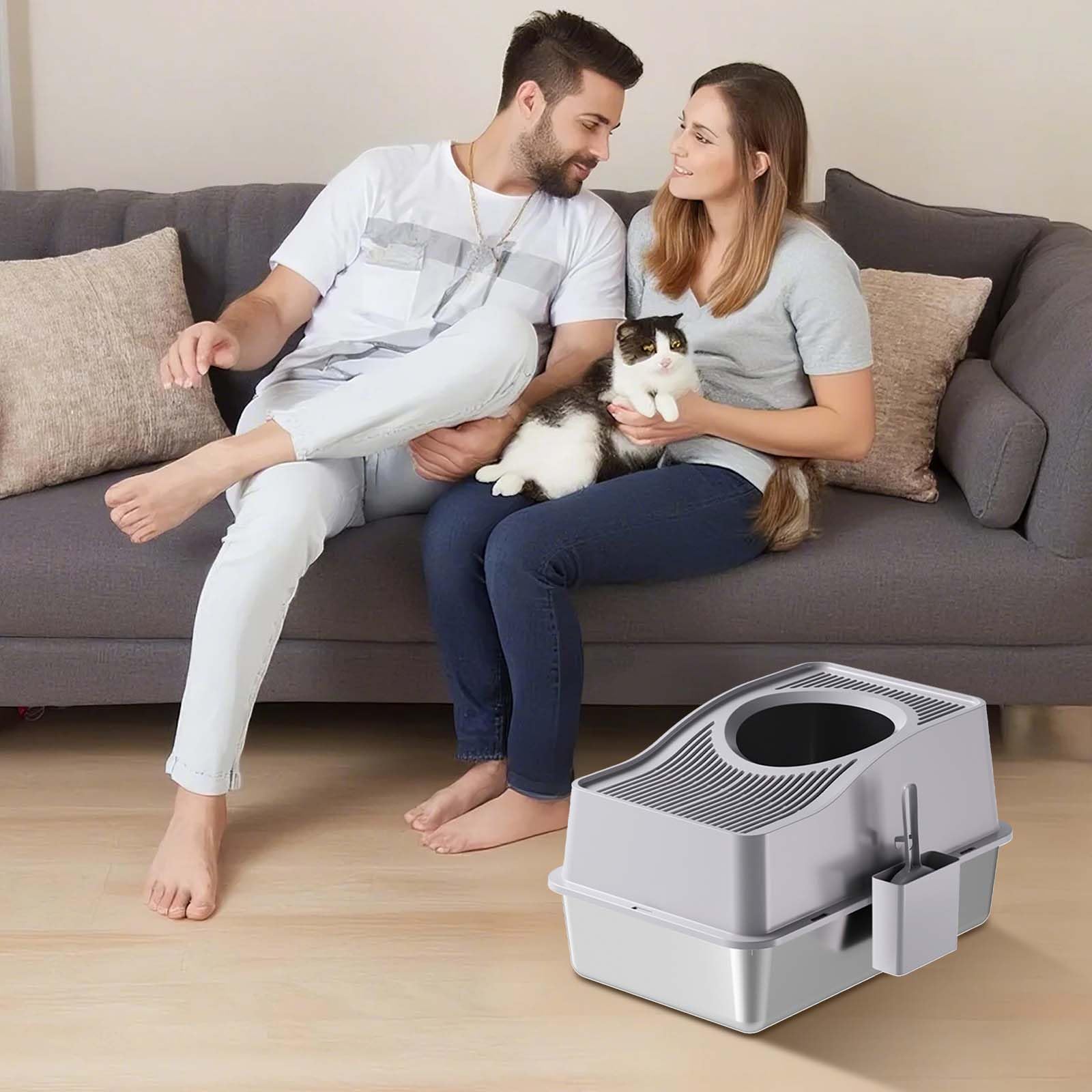 Lettiera per gatti Garvee in acciaio inox extra large con controllo degli odori, antigraffio, rimovibile, antiscivolo, per uso domestico, grigia, design con ingresso dall'alto