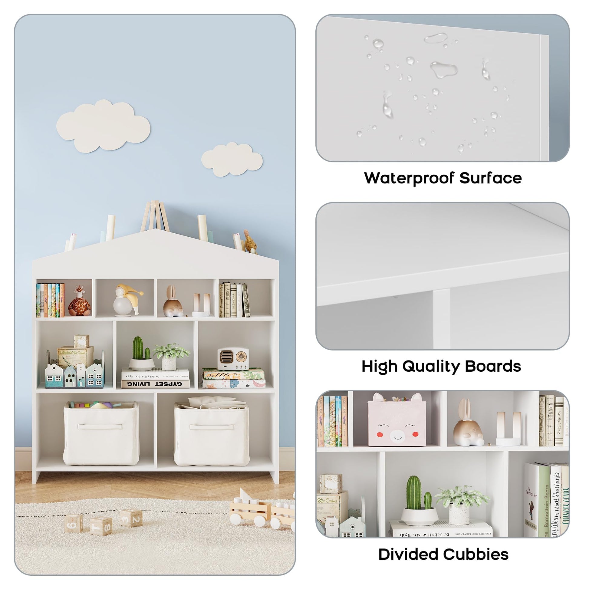 Garvee Libreria per Bambini con 9 Cubi di Stoccaggio, Organizer Giocattoli, Design a Casetta, Legno Robusto, Antiribaltamento, Facile da Pulire, per Cameretta e Asilo, 39.4x40.7x11.8 Pollici, Naturale
