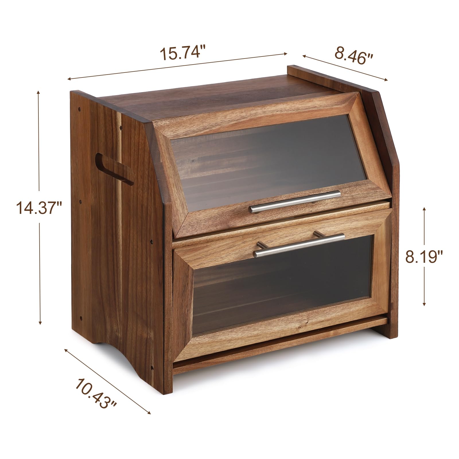 Portapane Garvee a due ripiani in legno di acacia con porta in acrilico e prese d'aria per cucina e tavolo della colazione, 40x26,5x36,5 cm, argento rustico