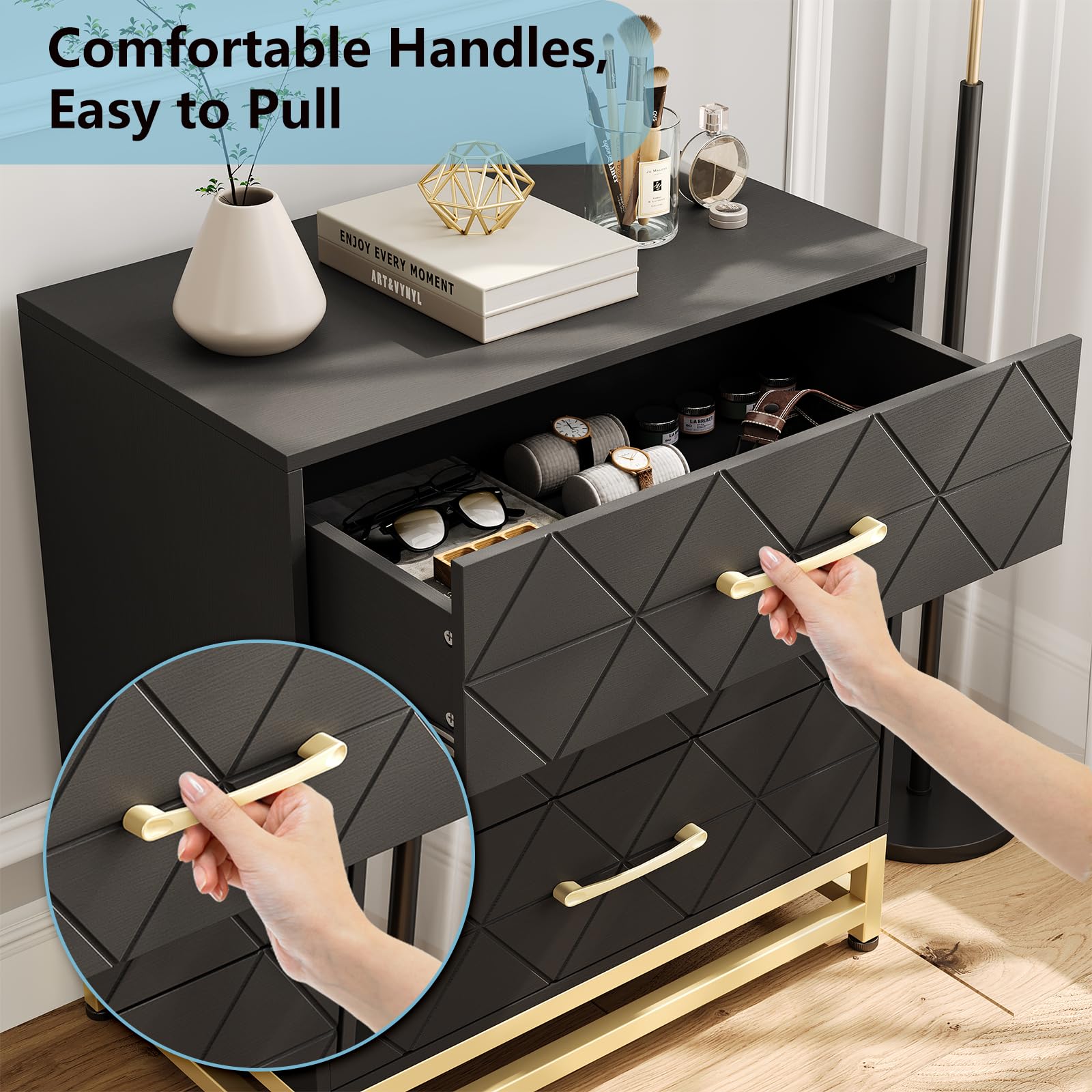 Cassettiera in legno Garvee per camera da letto, 3 cassetti, MDF, nero, moderna, robusta, salvaspazio, soggiorno, corridoio