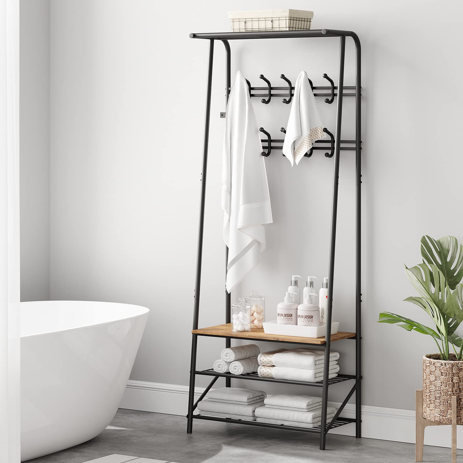 Panca da ingresso Garvee con 10 ganci – Struttura in metallo, effetto legno, scarpiera e seduta 4 in 1 per ingresso e soggiorno