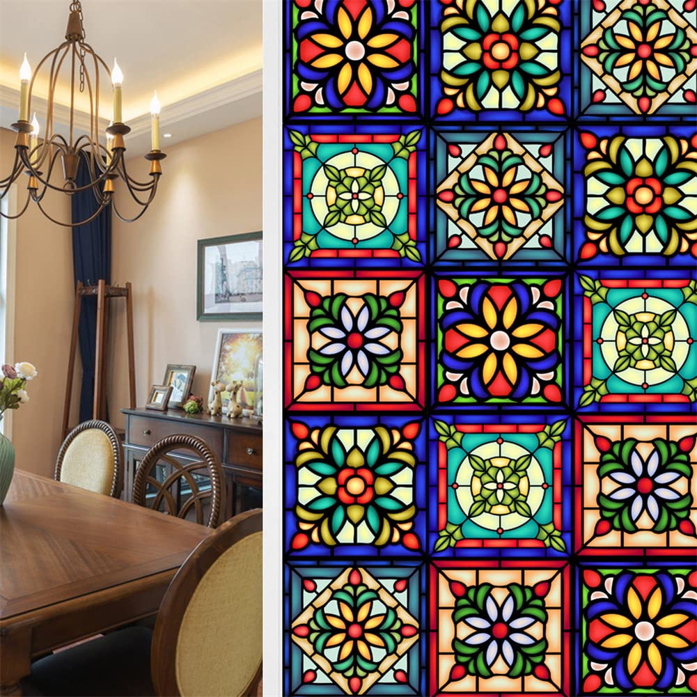 GARVEE Pellicola per vetri colorati Fiori retrò Adesivi statici Non adesivi 60x100 cm Privacy decorativa per casa e ufficio