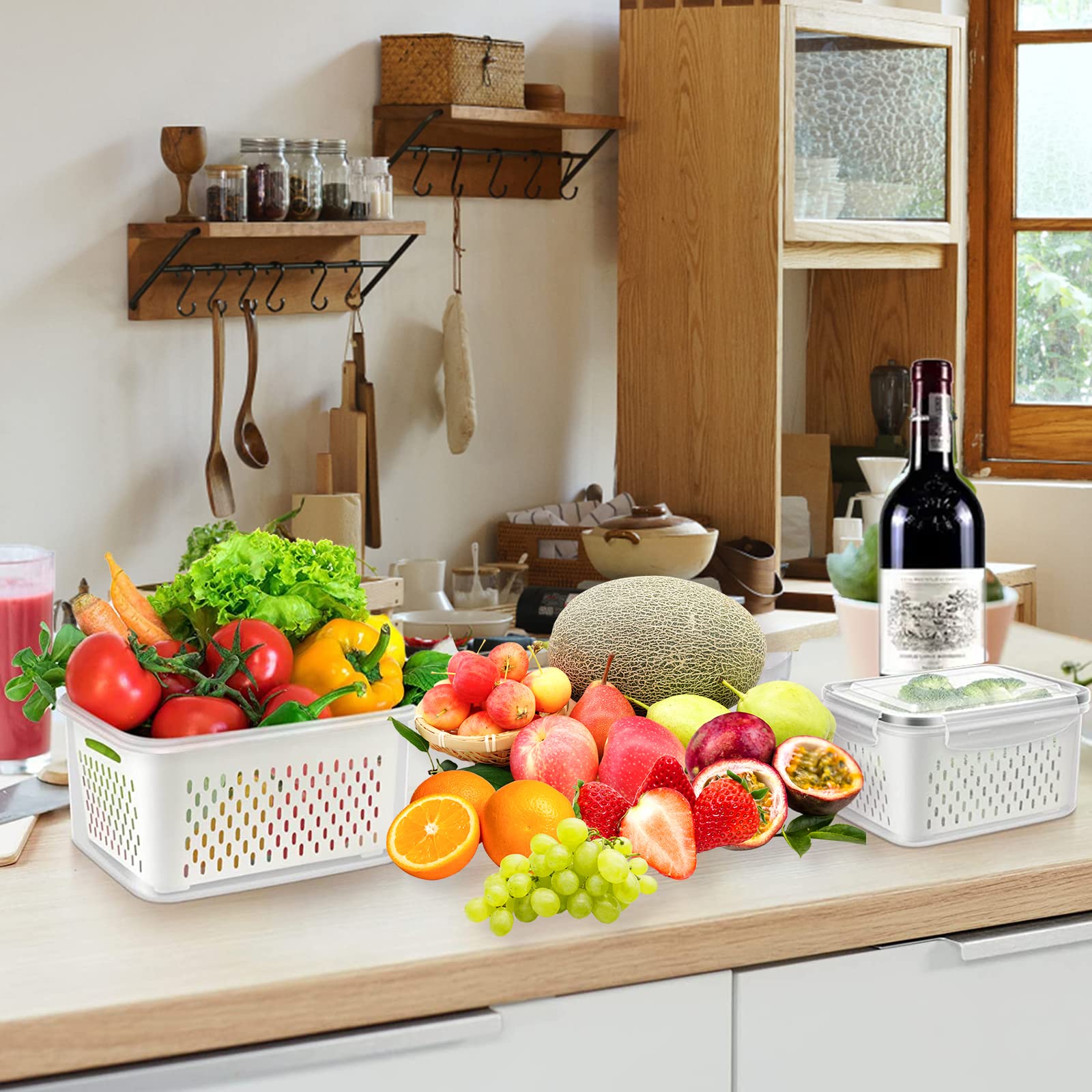 Contenitore per alimenti Garvee da 3 pezzi per frutta e verdura con cestello filtrante, coperchio ermetico, plastica, organizer per frigorifero, uso versatile