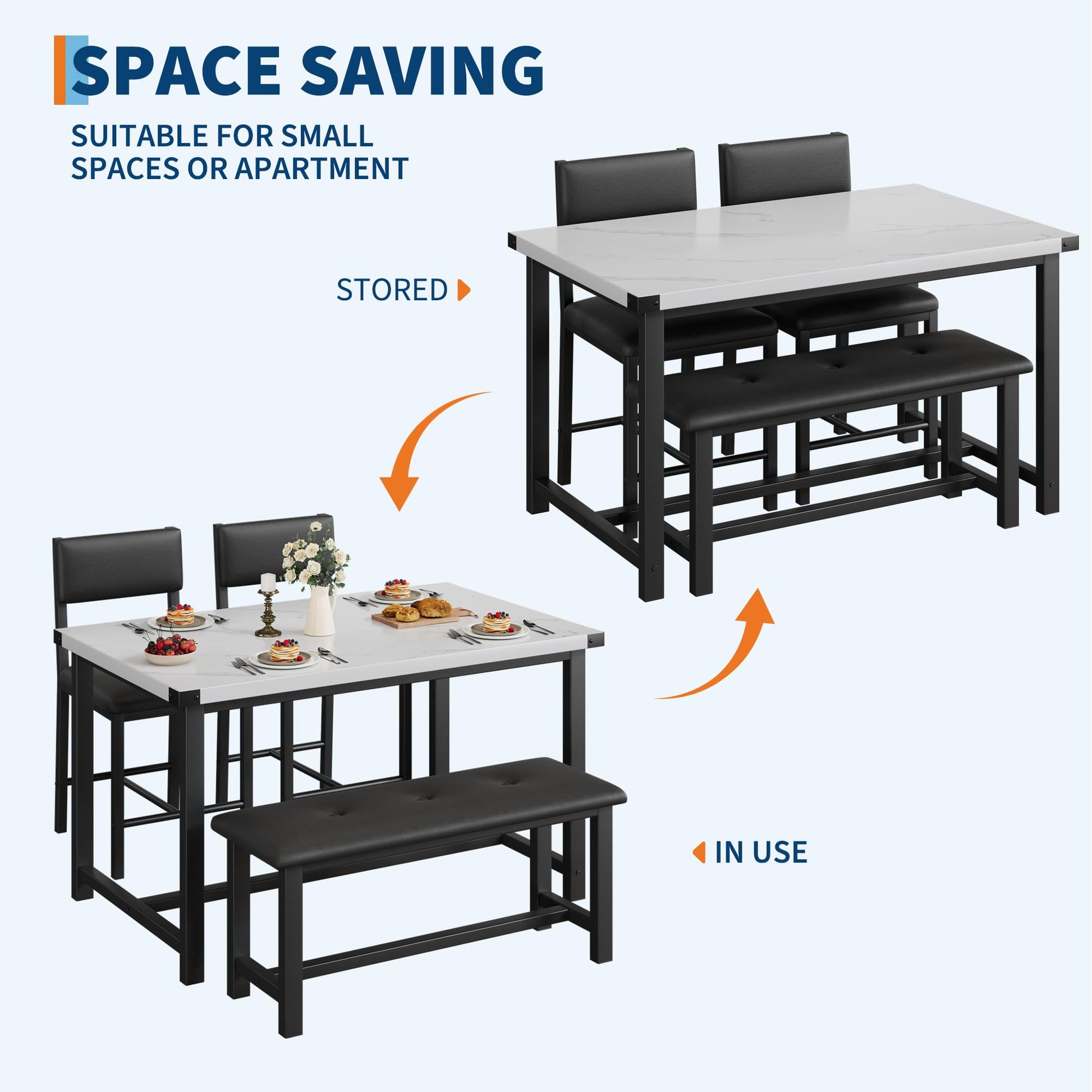 Set Garvee per 4 persone con seduta e panca imbottite, legno MDF, compatto per piccoli spazi, robusta struttura a H, grigio