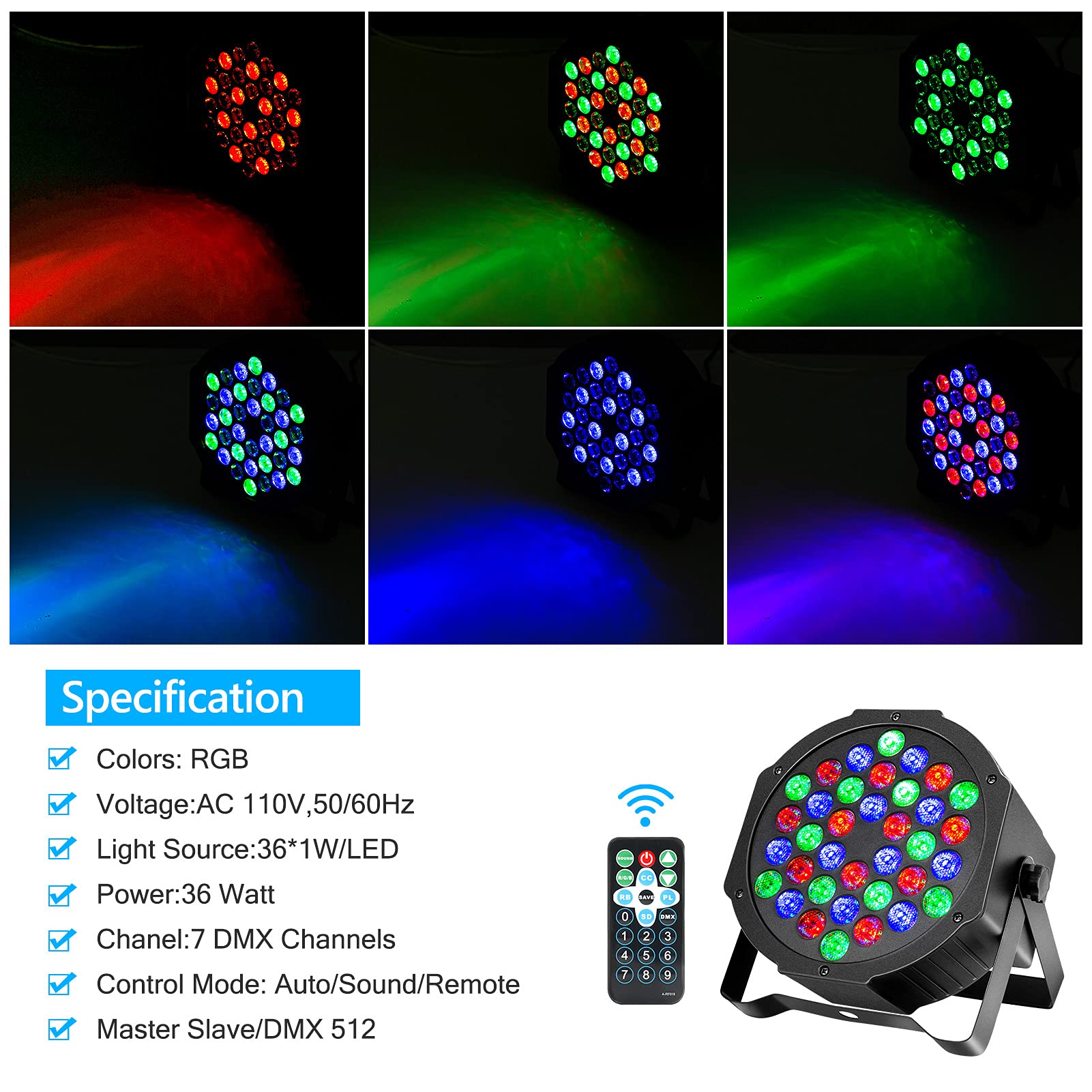 Garvee LED Par Spotlight RGB 36 LED Stage Light 2 Pack Party Light Telecomando DMX per palco DJ Party Show Bar Halloween Natale