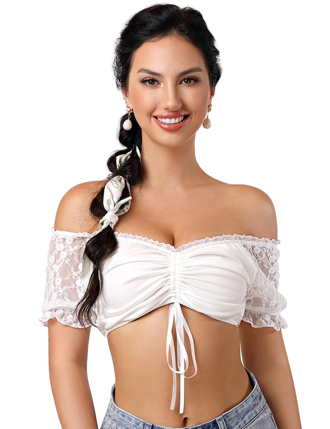Camicetta Dirndl Garvee in pizzo bianco da donna, camicetta tradizionale, manica corta, spalle scoperte, per l'Oktoberfest, taglia 42