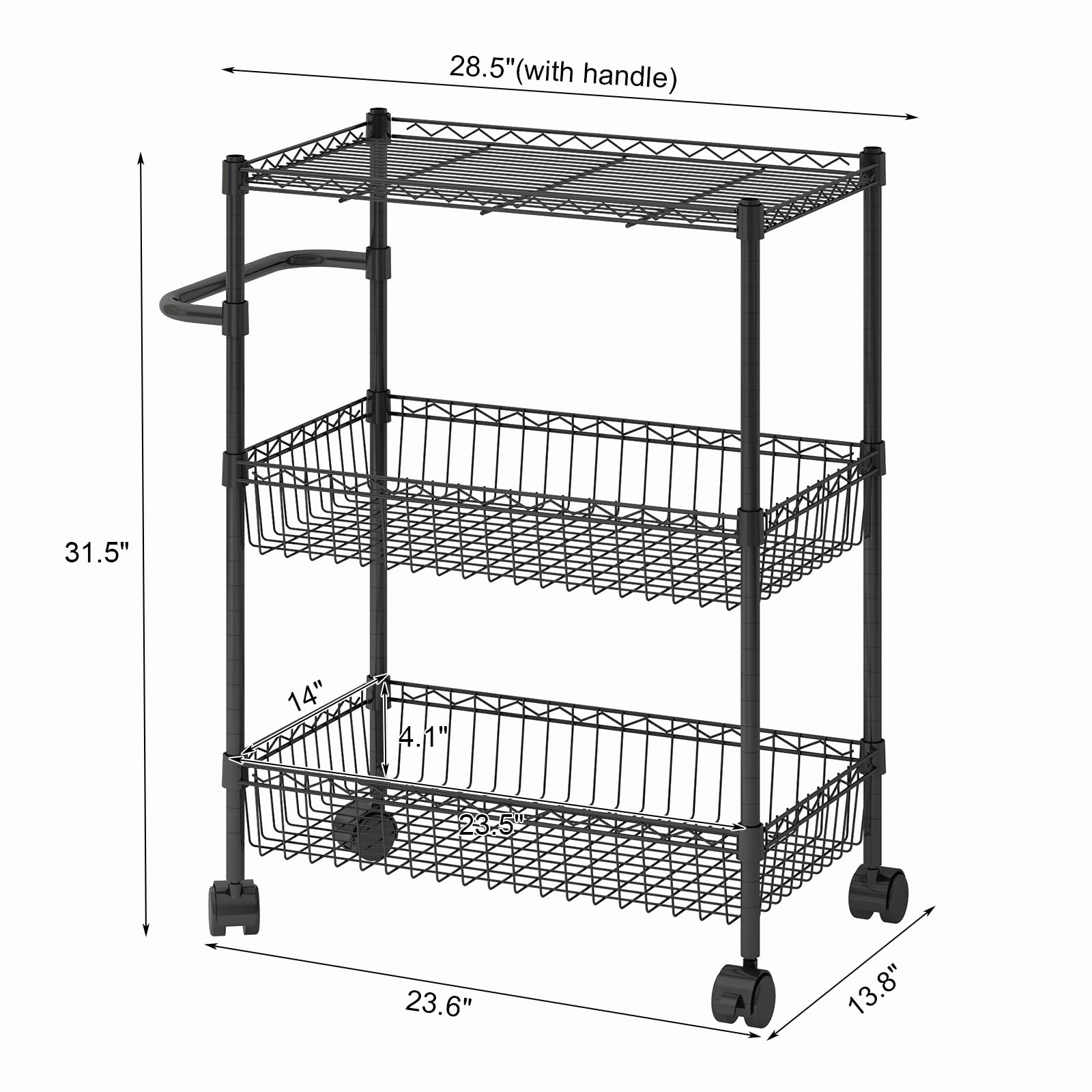 Carrello in metallo Garvee a 3 ripiani con cestini e ripiani regolabili per cucina e bagno, 31,5" nero