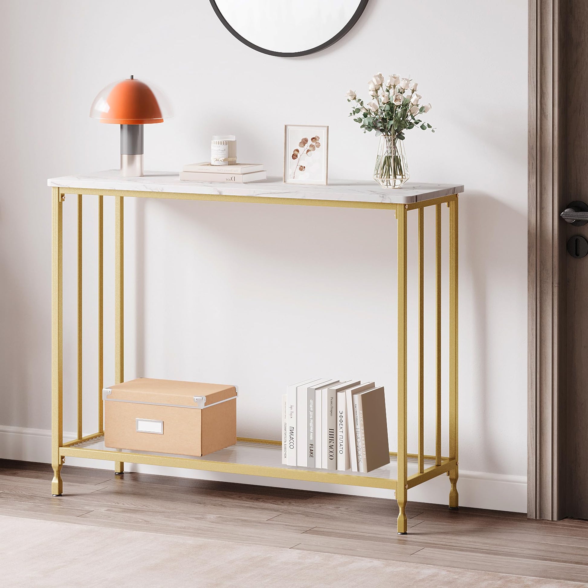 Tavolo stretto Garvee da 33.5" con ripiano in vetro, struttura in metallo, effetto legno vintage per soggiorno e corridoio, piedini regolabili, design robusto