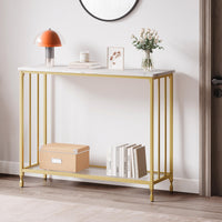 Tavolo stretto Garvee da 33.5" con ripiano in vetro, struttura in metallo, effetto legno vintage per soggiorno e corridoio, piedini regolabili, design robusto