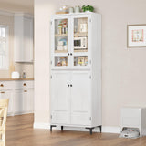 Mobile dispensa da cucina Garvee alto 180 cm con ante in vetro, 4 ante, 5 ripiani regolabili, in legno, per cucina e bagno, chiusura magnetica, indipendente, design moderno - Bianco antico