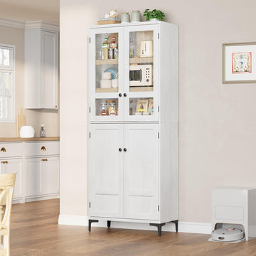 Mobile dispensa da cucina Garvee alto 180 cm con ante in vetro, 4 ante, 5 ripiani regolabili, in legno, per cucina e bagno, chiusura magnetica, indipendente, design moderno