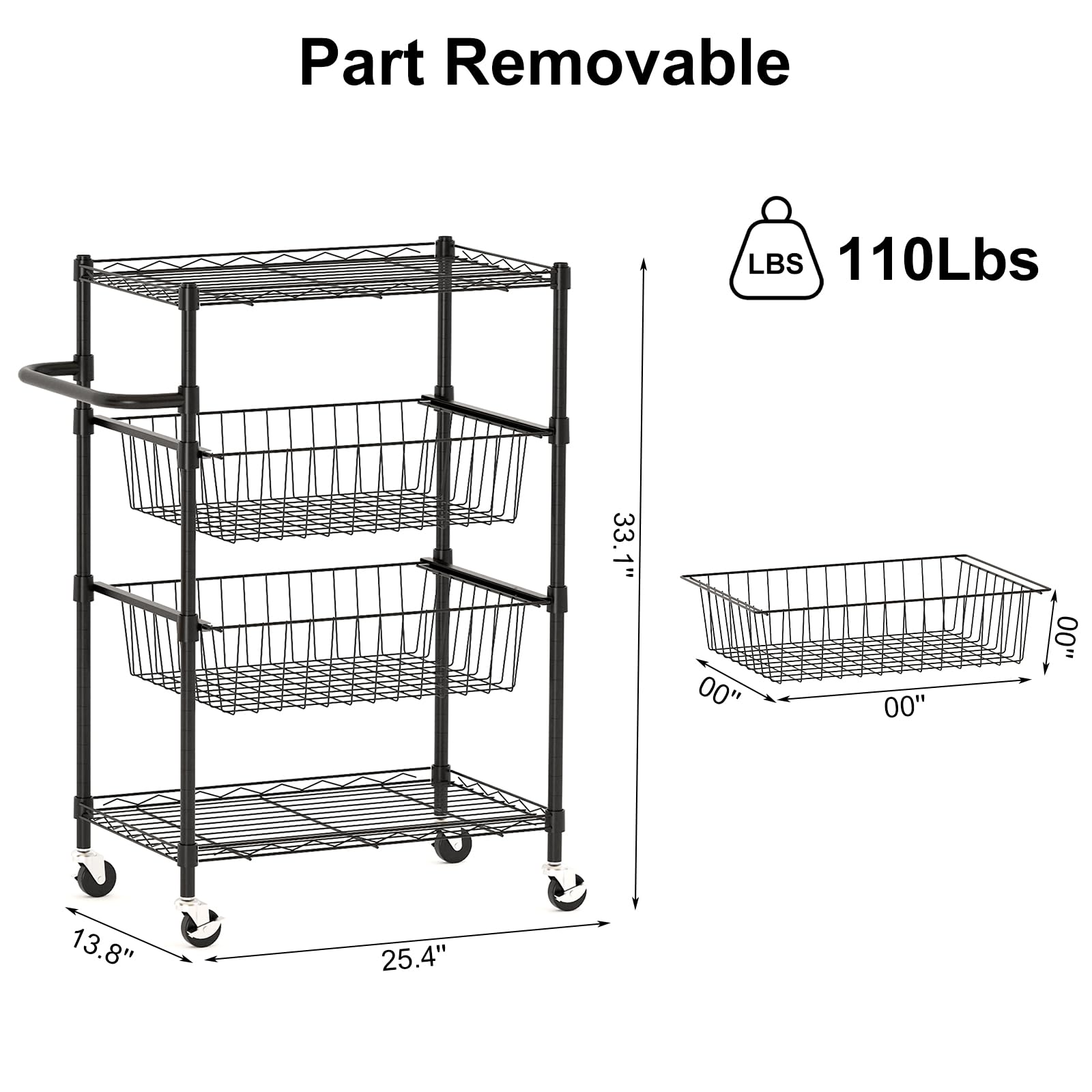 Carrello da cucina in metallo Garvee a 4 ripiani con maniglia, capacità di carico 110 libbre, ripiani in filo metallico aperto, 2 ruote bloccabili, utilizzo versatile, metallo, argento