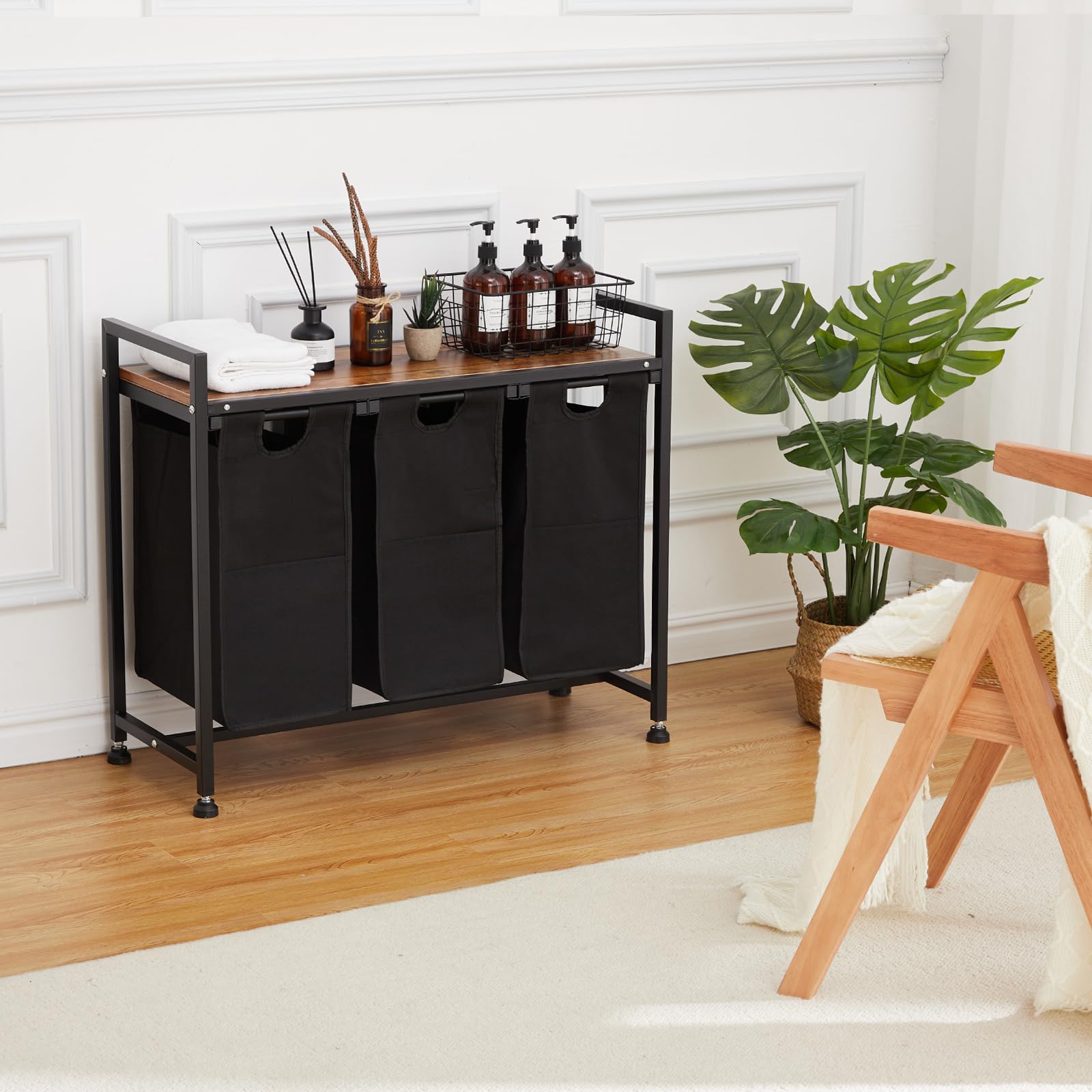 Garvee Cesto portabiancheria con 3 tasche rimovibili, contenitore per bagno e camera da letto, 130 l, tessuto Oxford e metallo in legno