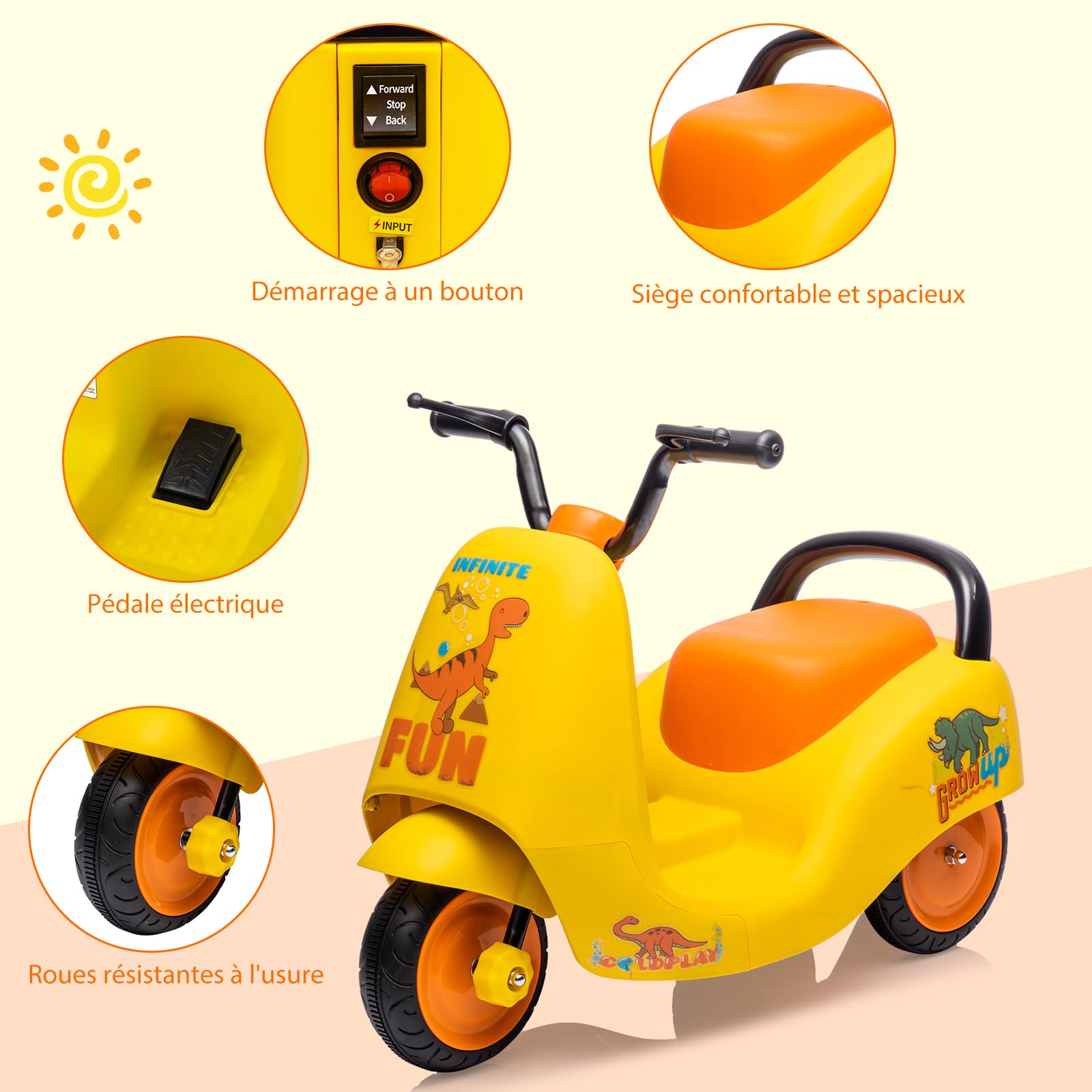 Moto elettrica per bambini Garvee 6V gialla con musica e 3 ruote per una guida sicura a partire dai 3 anni, sia in casa che all'aperto.