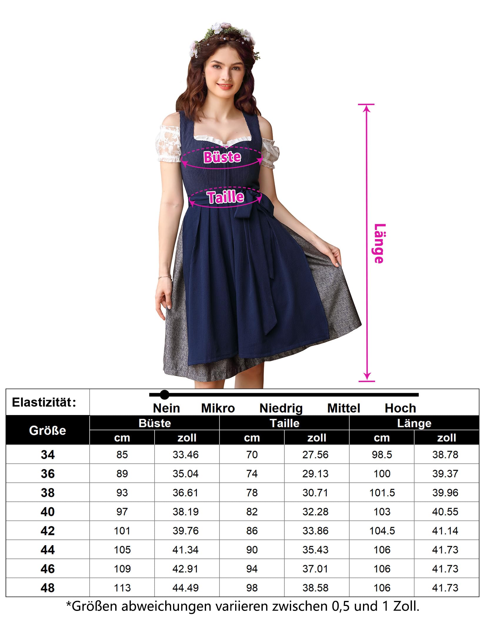 Garvee - Set da 3 pezzi in Dirndl tradizionale midi da donna per Oktoberfest, Carnevale e Martedì Grasso, blu, taglia 36, tradizionale, elegante, di alta qualità