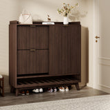 Garvee Mobile Scarpe Grande Organizzatore Fluted da Terra Stretto 2 Cassetti Regolabili Legno Porta Scorrevole Salvaspazio per Ingresso - Noce Nero