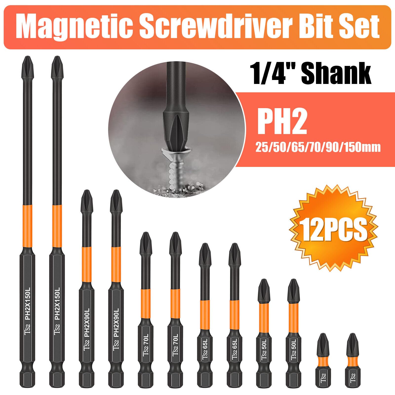 Garvee Set 12Pz Punte Cacciavite Impatto PH2 Magnetiche, Acciaio S2, Uso Professionale, 1/4" Esagono, Nero
