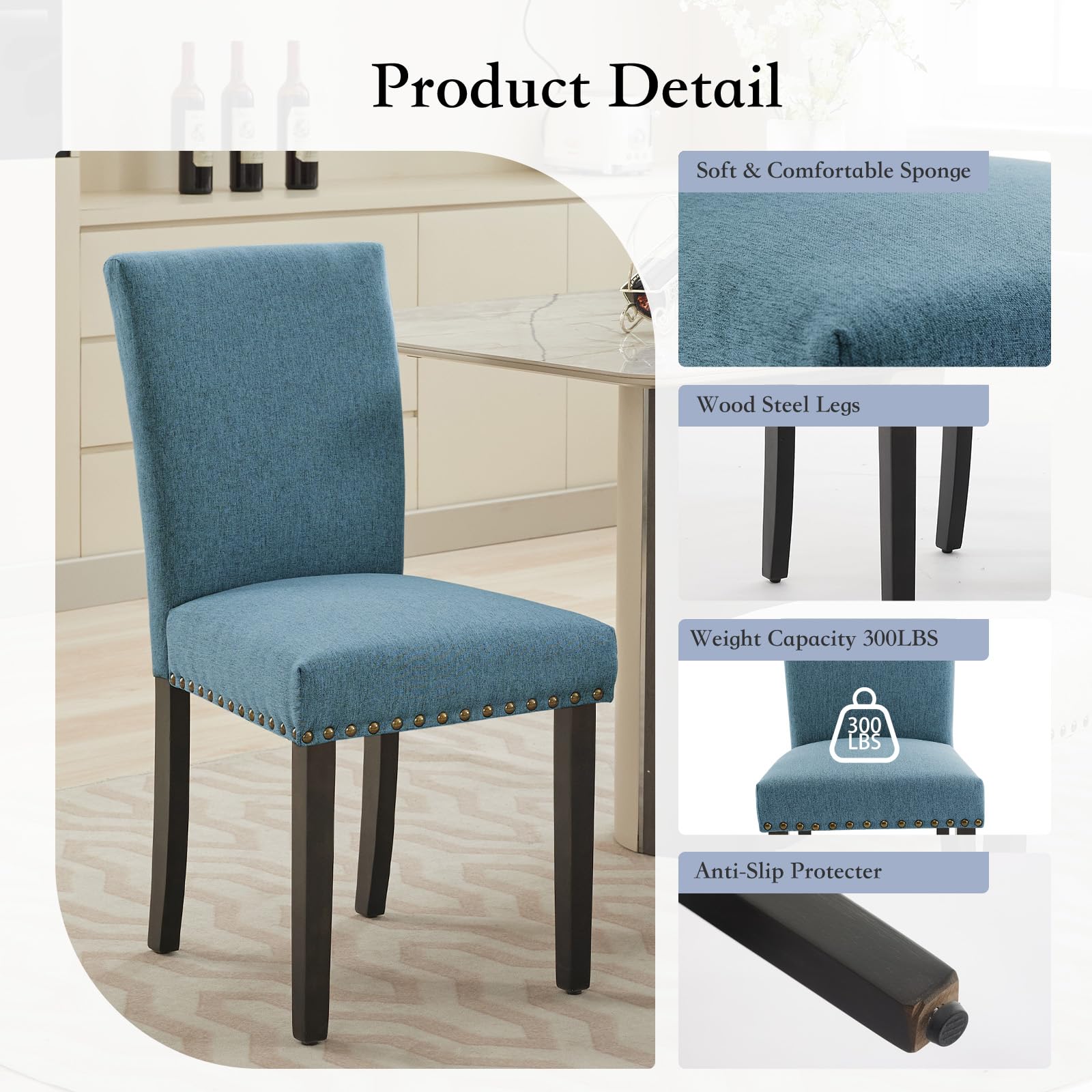 Sedie da pranzo Garvee Parsons, set da 2, imbottite ergonomicamente, tessuto di lino, gambe in legno, soggiorno, cucina, moderne