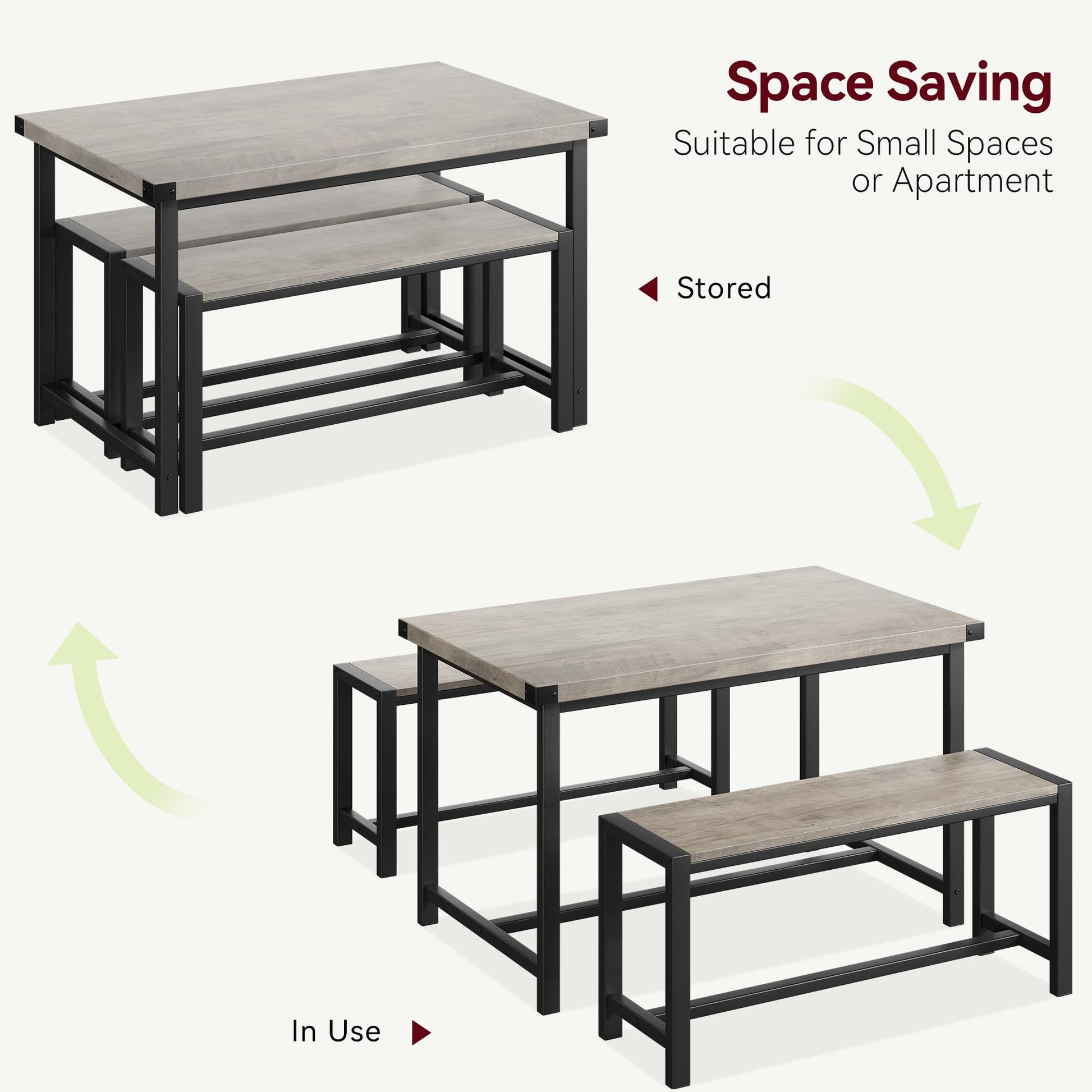 Set da pranzo Garvee per 4 persone con 2 panche, robusto MDF e acciaio, grigio, cucina e sala da pranzo, salvaspazio
