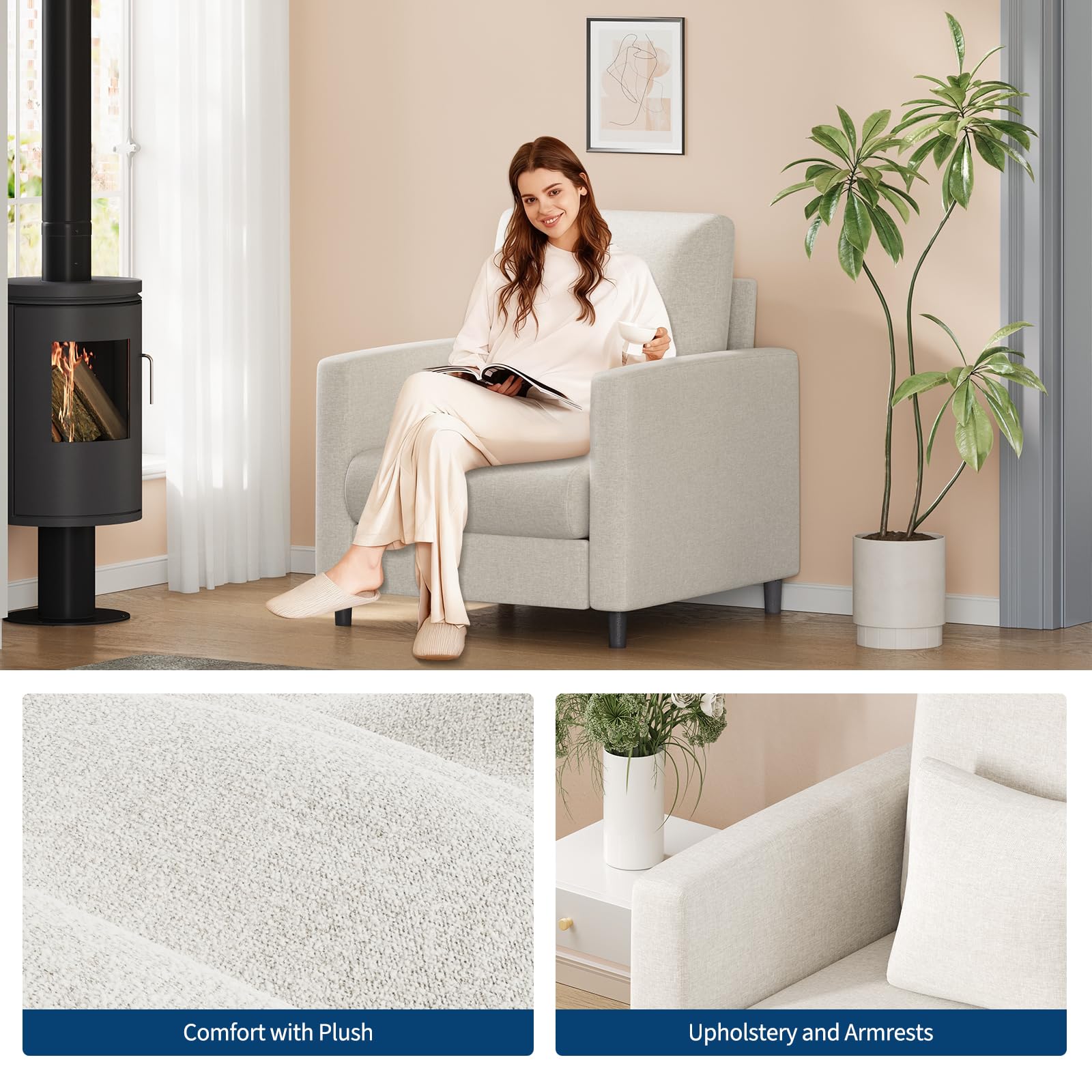 Divano Garvee da 33,9" in ciniglia con anima a molle insacchettate da 7,5" per soggiorno e camera da letto, beige compatto