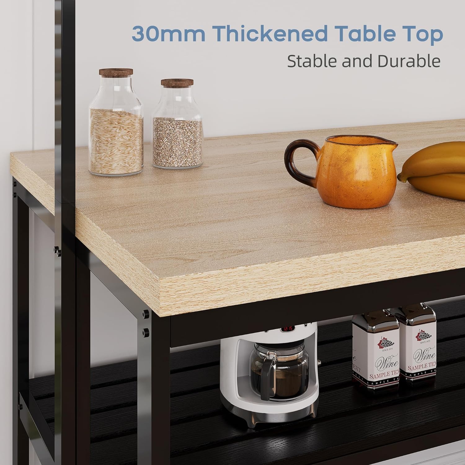 Scaffale da cucina Garvee Kitchen Island con 3 ripiani, 5 ganci, legno massello e metallo, supporto per microonde, 43,7x27,9x72 cm, sala da pranzo e soggiorno