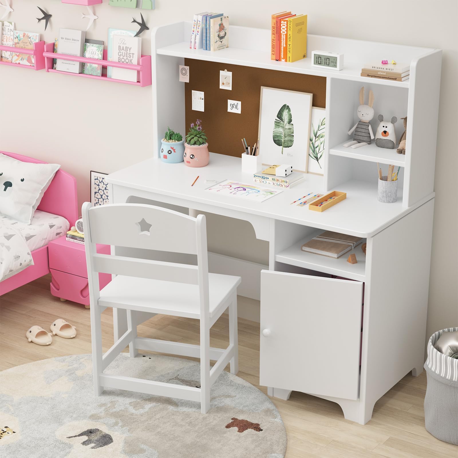 Set da scrivania per bambini Garvee, in legno, bianco, con ripiano e spazio di archiviazione, sedia ergonomica per imparare e giocare