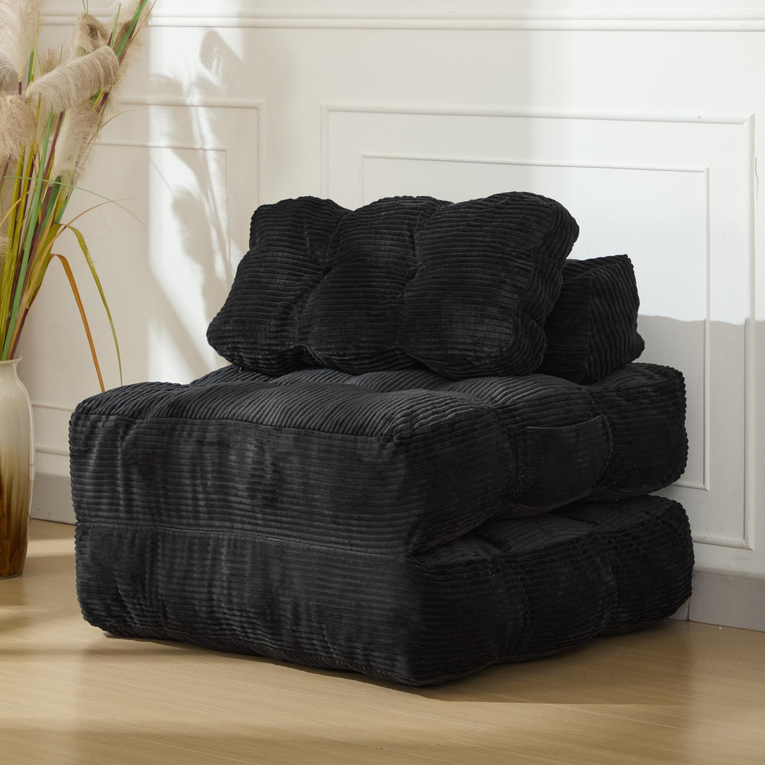 Divano letto pieghevole 3 in 1 Garvee con cuscini, comoda schiuma, tessuto in velluto a coste, nero per soggiorno e camera da letto, salvaspazio