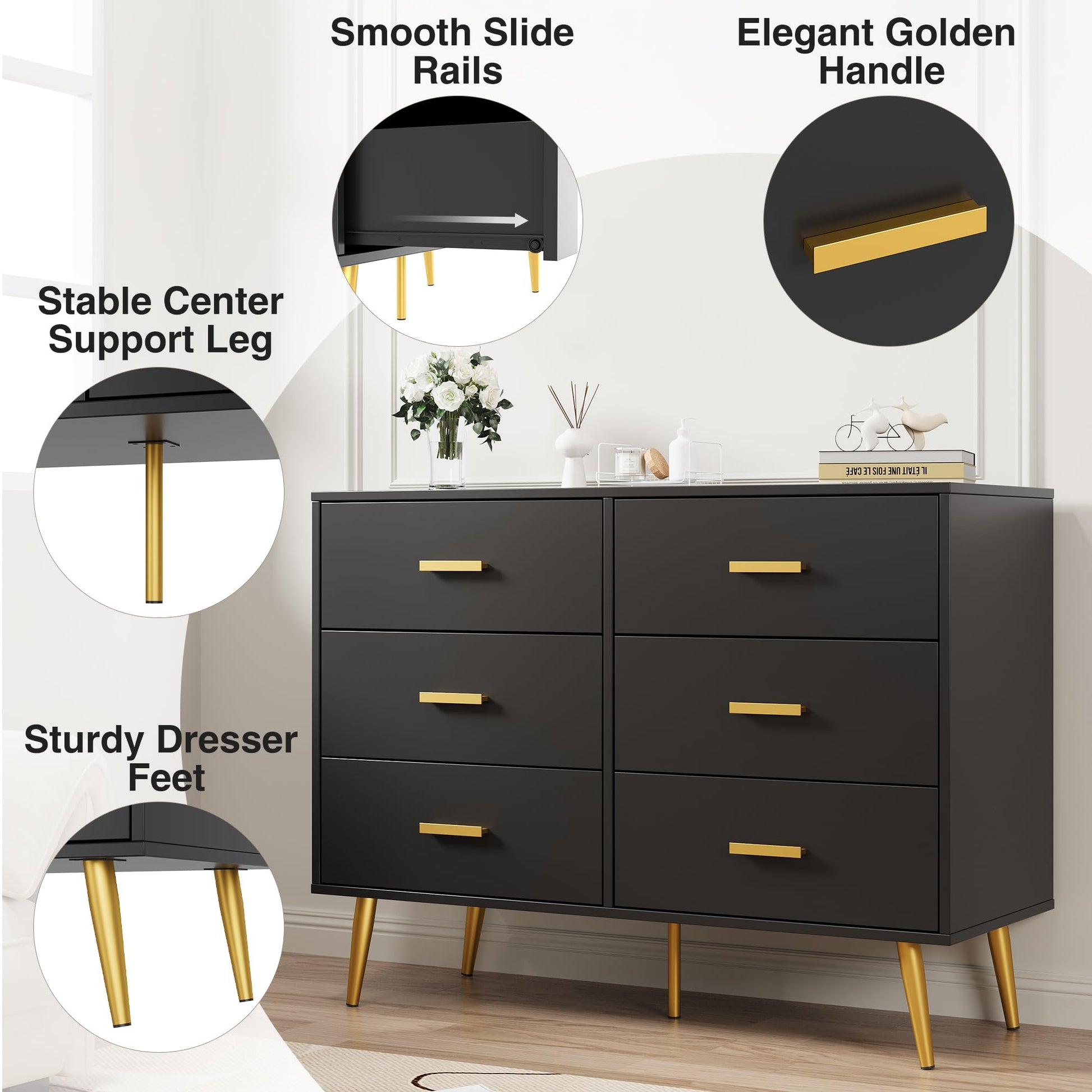 Cassettiera moderna Garvee a 6 cassetti con contenitore, in legno MDF, maniglie dorate per camera da letto e soggiorno, nera, versatile
