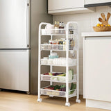 Carrello portaoggetti Garvee Small a 5 ripiani con maniglia e freni per cucina e bagno, struttura in metallo, cestini traspiranti, stretto, compatto - Bianco