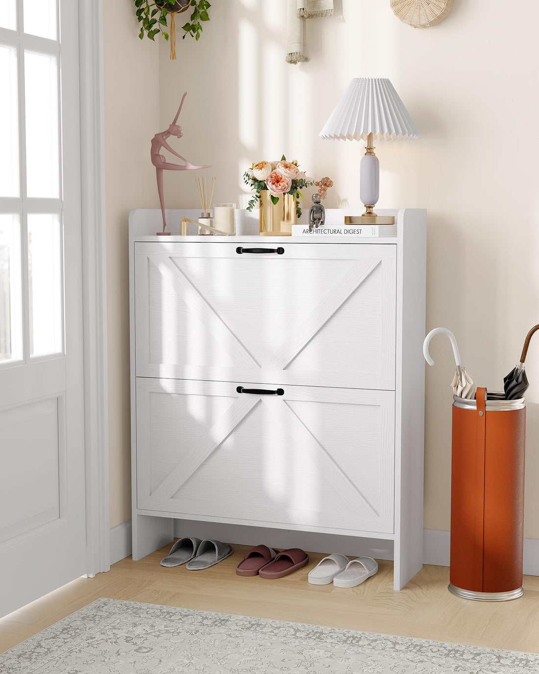 Garvee Scarpiera con 2 cassetti pieghevoli, scarpiera rustica per corridoio e ingresso, bianca, salvaspazio